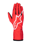 Alpinestars Youth Tech-1 K Race S V2 Pure Gloves, karting racing glove, vibrant red with large white Alpinestars star logo, black accents on fingers and cuff, lightweight polyester-mesh construction for junior racers, top-down view showing the back of the glove