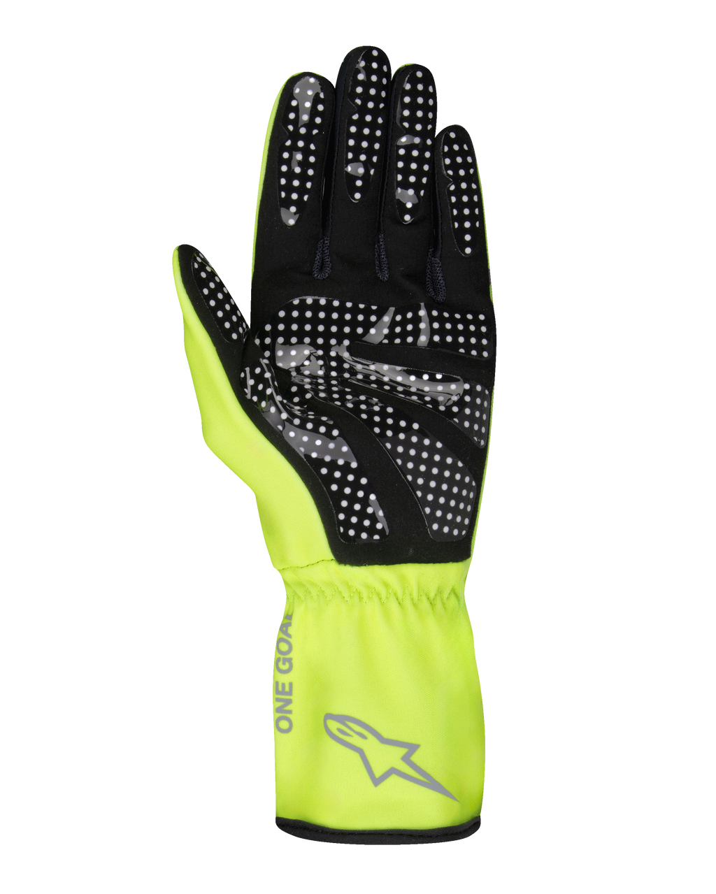 Alpinestars Tech-1 K Race V2 Pure Gloves, guantes de karting, amarillo flúor y negro, vista de la palma con patrón de agarre de silicona de puntos blancos, logotipo de Alpinestars gris y texto 'ONE GOAL' en el puño, equipo profesional de automovilismo