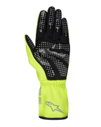 Alpinestars Tech-1 K Race V2 Pure Gloves, guantes de karting, amarillo flúor y negro, vista de la palma con patrón de agarre de silicona de puntos blancos, logotipo de Alpinestars gris y texto 'ONE GOAL' en el puño, equipo profesional de automovilismo