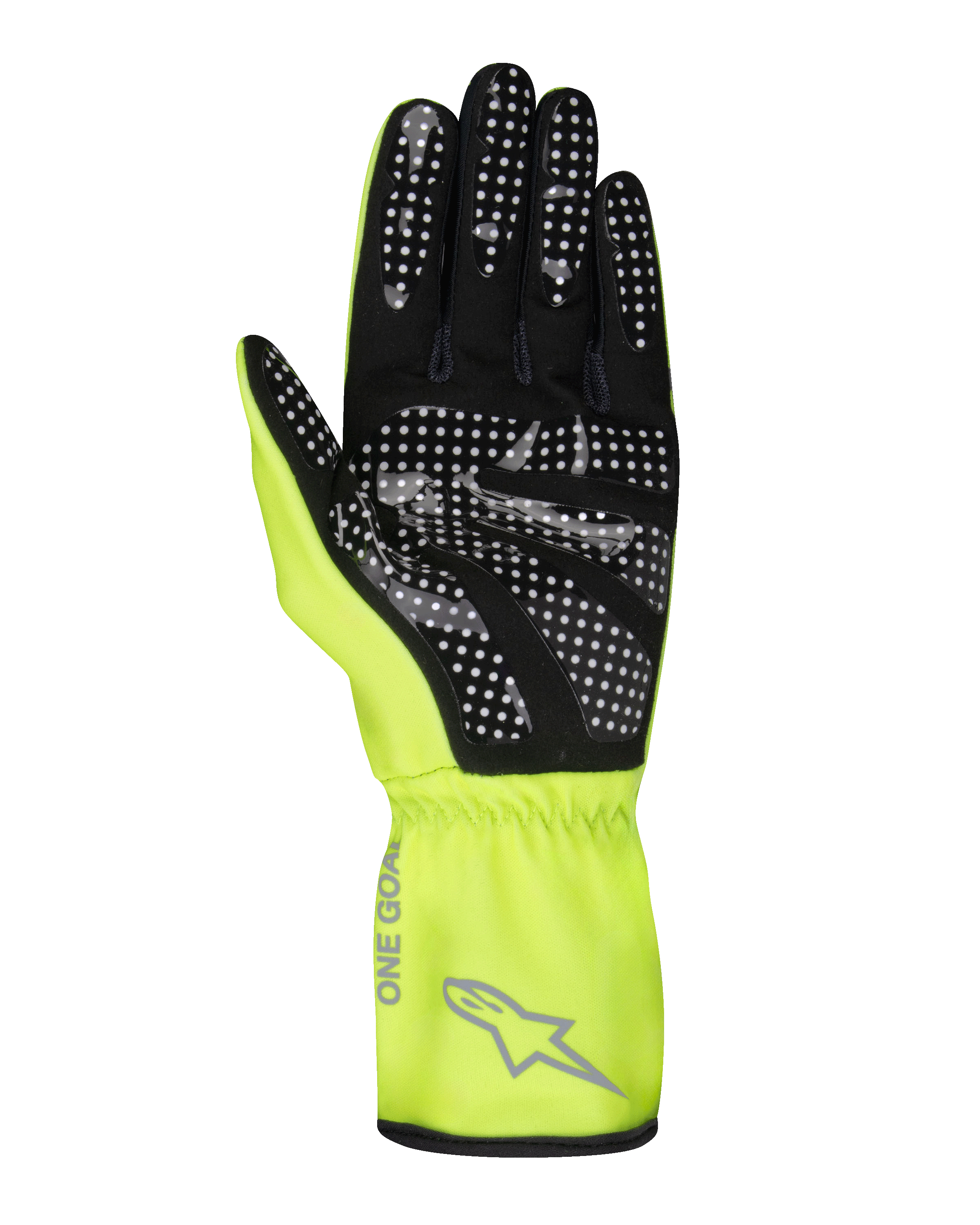 Alpinestars Tech-1 K Race V2 Pure Gloves, guantes de karting, amarillo flúor y negro, vista de la palma con patrón de agarre de silicona de puntos blancos, logotipo de Alpinestars gris y texto 'ONE GOAL' en el puño, equipo profesional de automovilismo