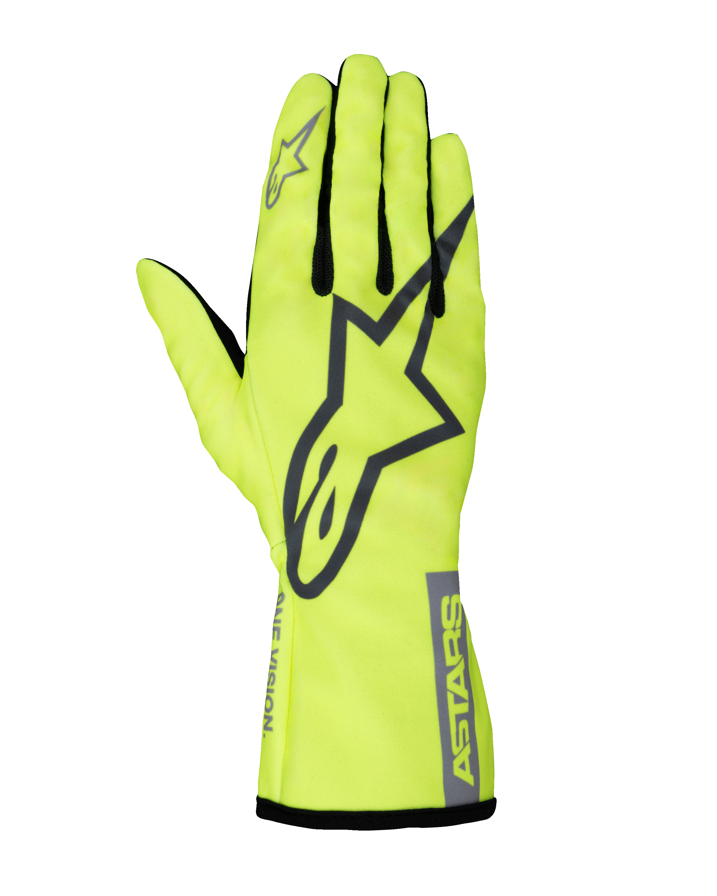 Alpinestars Youth Tech-1 K Race S V2 Pure Gloves, Karting Racing Gloves, Fluorescent Yellow and Gray, featuring a large A-star logo on the back of the hand, ASTARS branding on the cuff, and mesh finger gussets.