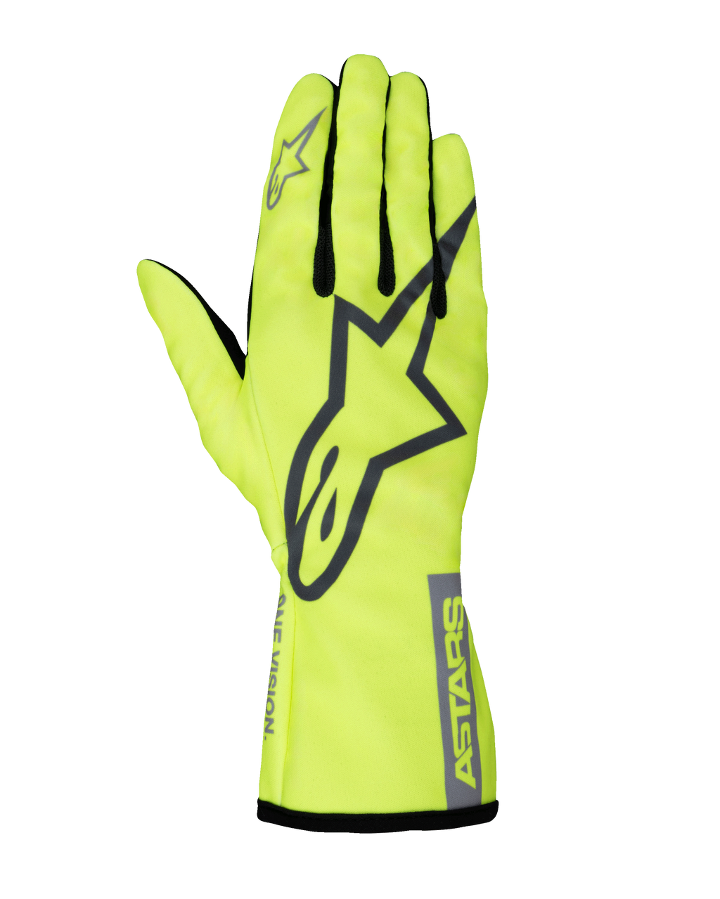 Alpinestars Tech-1 K Race V2 Pure, guantes de karting, amarillo fluorescente y gris, gran logotipo de estrella en el dorso, mallas negras entre los dedos, equipamiento de motor ligero y de alta visibilidad