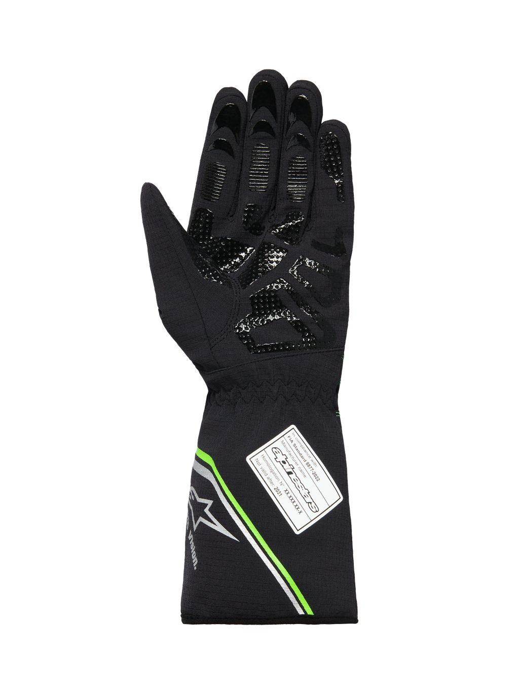 Guantes impermeables Alpinestars Tempest V3, vista de la palma de un guante de karting negro, con patrón de agarre de silicona impreso, detalles en verde flúor y plateado en el puño, y etiqueta de homologación FIA 8877-2022.