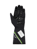 Guantes impermeables Alpinestars Tempest V3, vista de la palma de un guante de karting negro, con patrón de agarre de silicona impreso, detalles en verde flúor y plateado en el puño, y etiqueta de homologación FIA 8877-2022.