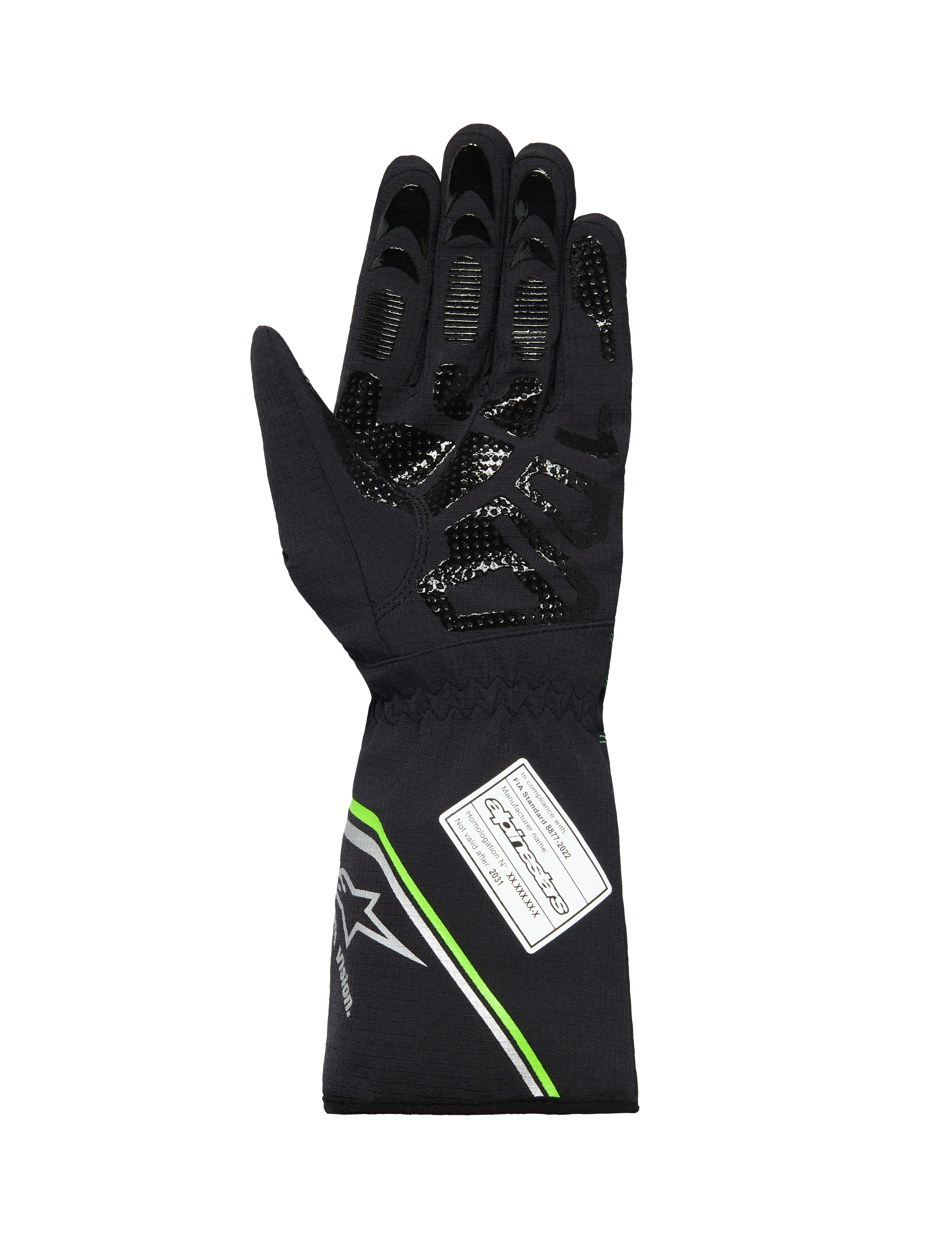 Guantes impermeables Alpinestars Tempest V3, vista de la palma de un guante de karting negro, con patrón de agarre de silicona impreso, detalles en verde flúor y plateado en el puño, y etiqueta de homologación FIA 8877-2022.