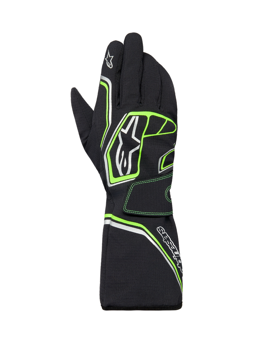 Alpinestars Tempest V3 Waterproof Gloves, guantes de karting impermeables, negros con detalles en verde flúor y plateado, diseño de puño largo tipo guantelete, con el logotipo de Alpinestars, construcción textil duradera para carreras en climas húmedos