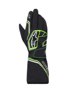 Alpinestars Tempest V3 Waterproof Gloves, guantes de karting impermeables, negros con detalles en verde flúor y plateado, diseño de puño largo tipo guantelete, con el logotipo de Alpinestars, construcción textil duradera para carreras en climas húmedos