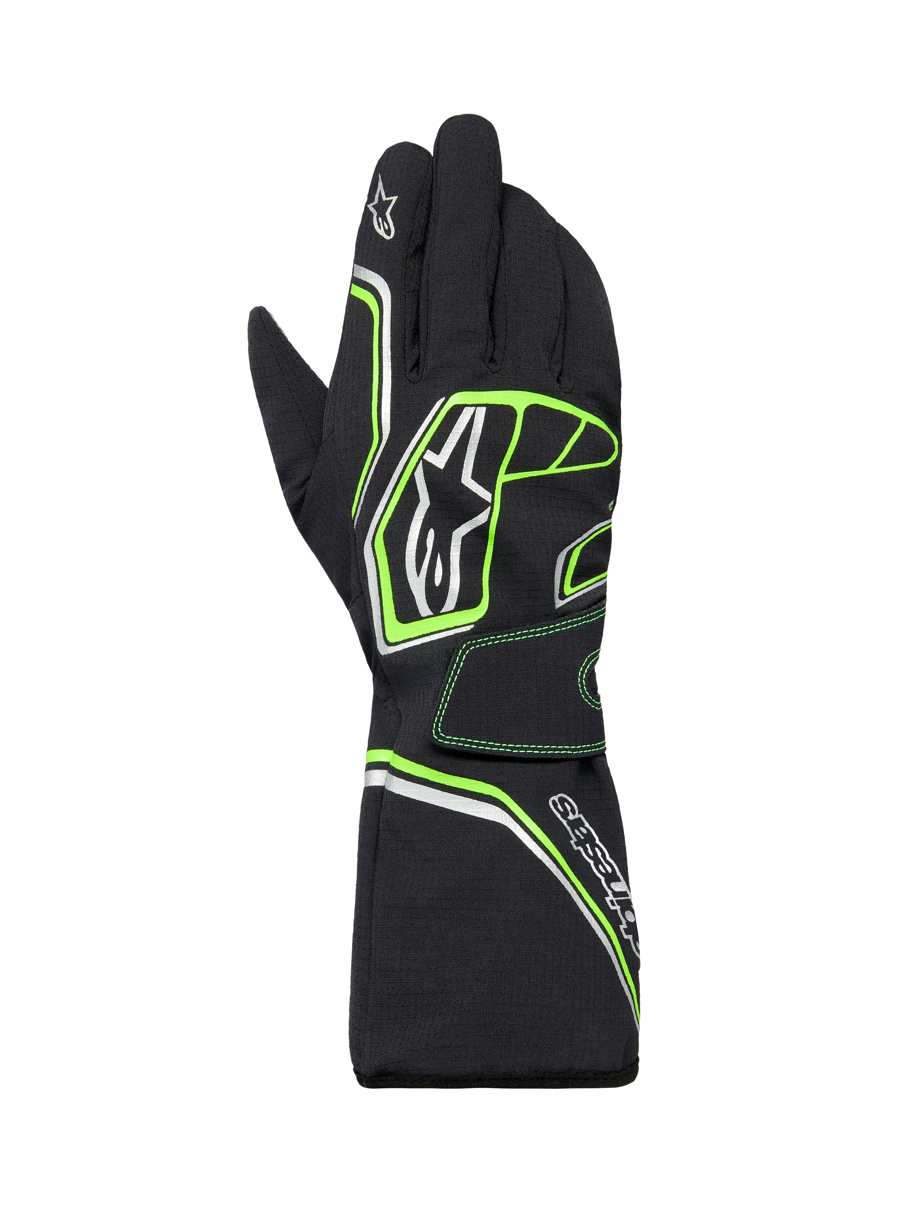 Alpinestars Tempest V3 Waterproof Gloves, guantes de karting impermeables, negros con detalles en verde flúor y plateado, diseño de puño largo tipo guantelete, con el logotipo de Alpinestars, construcción textil duradera para carreras en climas húmedos