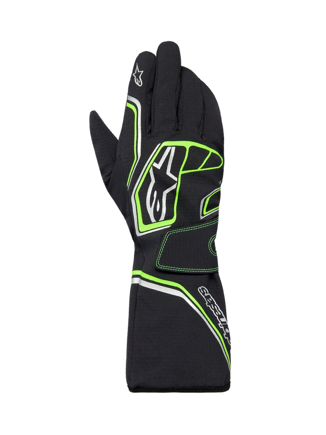 Alpinestars Tempest V3 Waterproof Gloves, guantes de karting impermeables, negros con detalles en verde flúor y plateado, diseño de puño largo tipo guantelete, con el logotipo de Alpinestars, construcción textil duradera para carreras en climas húmedos