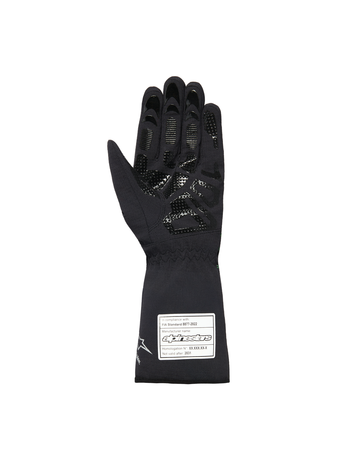Alpinestars Youth Tempest V3 Waterproof S Gloves, guantes de karting negros, vista de la palma que muestra el patrón de agarre de silicona texturizada en los dedos y la palma, puño largo con etiqueta de certificación FIA 8877-2022 blanca, diseño textil impermeable.