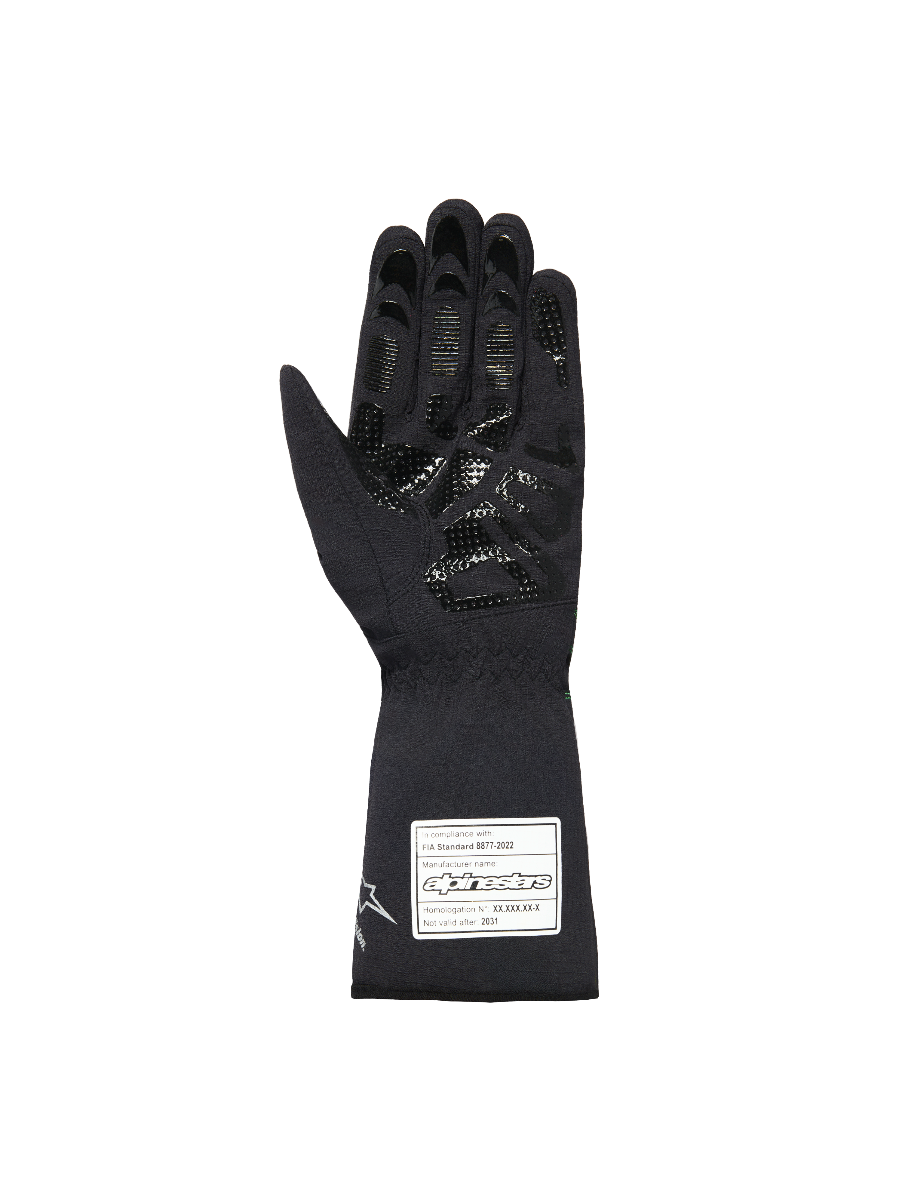 Alpinestars Youth Tempest V3 Waterproof S Gloves, Black karting gloves, palm view showing textured silicone grip pattern on fingers and palm, long gauntlet cuff with white FIA 8877-2022 certification label, waterproof textile design.
