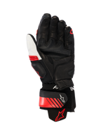 Guantes de cuero Alpinestars GP Plus R V3, guantes de moto Racing/Sport, negro, blanco y rojo brillante, vista de la palma que muestra la construcción de cuero reforzado, deslizadores de palma y puño elástico de aramida, con correa de ajuste en la muñeca con logo de Alpinestars y diseño ergonómico precurvado