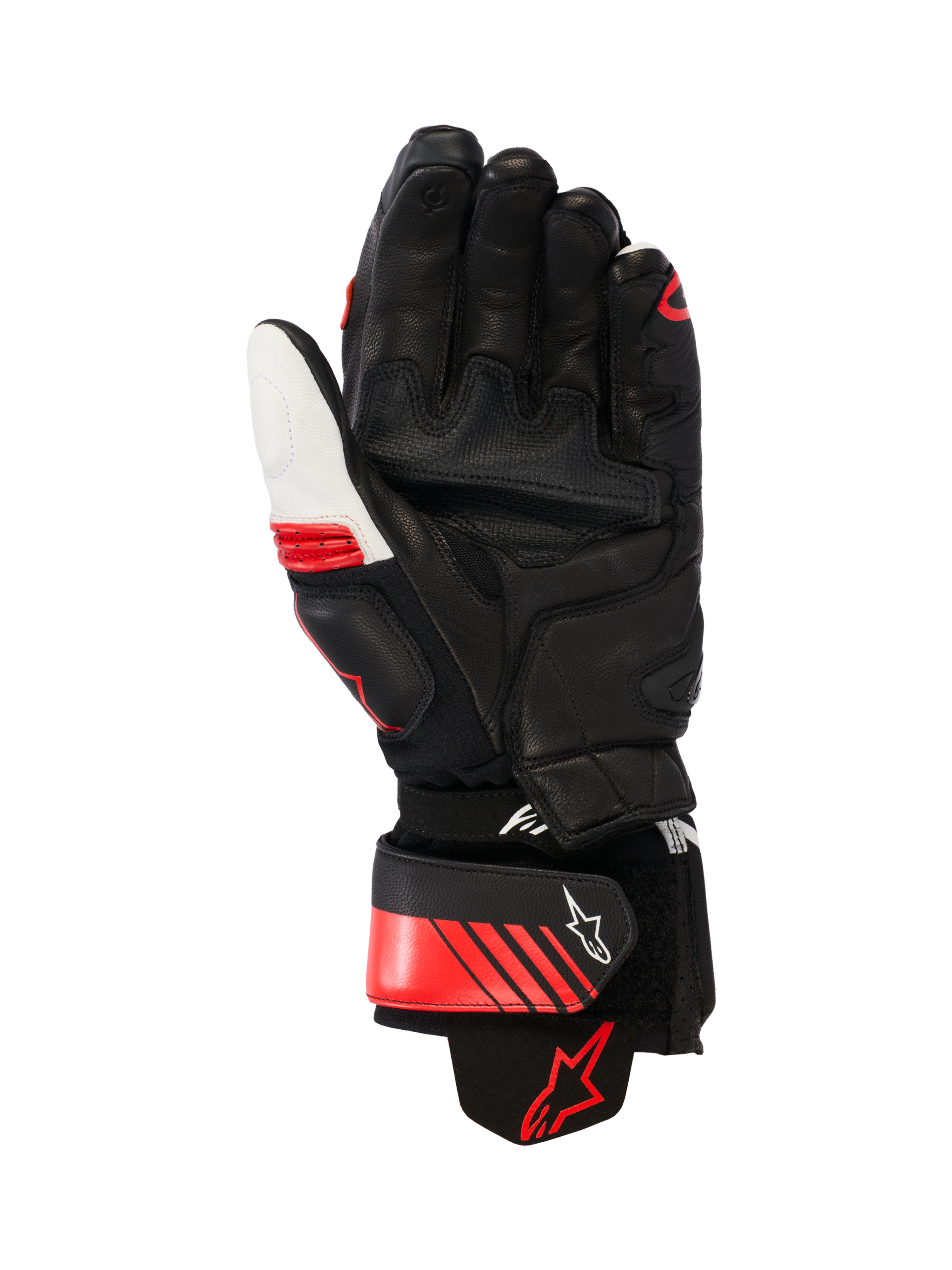 Guantes de cuero Alpinestars GP Plus R V3, guantes de moto Racing/Sport, negro, blanco y rojo brillante, vista de la palma que muestra la construcción de cuero reforzado, deslizadores de palma y puño elástico de aramida, con correa de ajuste en la muñeca con logo de Alpinestars y diseño ergonómico precurvado