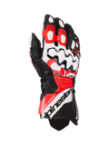 Guantes de cuero Alpinestars GP Plus R V3, guantes de moto para carreras, negro, blanco y rojo brillante, con un gran protector de nudillos blanco con patrones de ondas negras, paneles de cuero perforado para ventilación y marca Alpinestars en el puño.