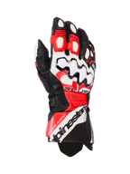 Guantes de cuero Alpinestars GP Plus R V3, guantes de moto para carreras, negro, blanco y rojo brillante, con un gran protector de nudillos blanco con patrones de ondas negras, paneles de cuero perforado para ventilación y marca Alpinestars en el puño.