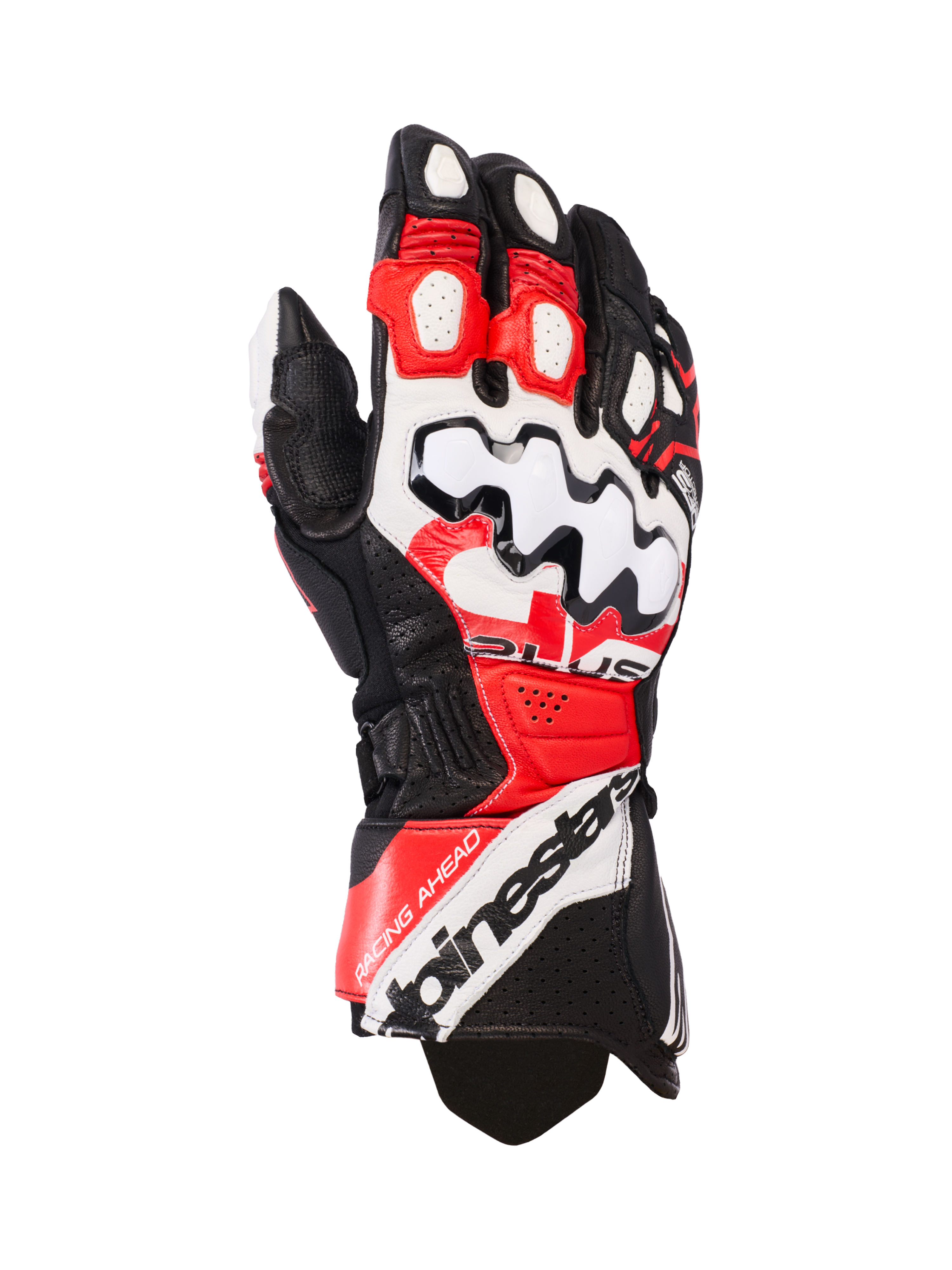 Guantes de cuero Alpinestars GP Plus R V3, guantes de moto para carreras, negro, blanco y rojo brillante, con un gran protector de nudillos blanco con patrones de ondas negras, paneles de cuero perforado para ventilación y marca Alpinestars en el puño.