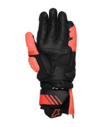 Alpinestars GP Plus R V3 Leather Gloves, Bright Red Red Fluo and Black, palm side view, featuring reinforced leather palm and thumb areas, adjustable gauntlet cuff with red accents and logo, professional racing design