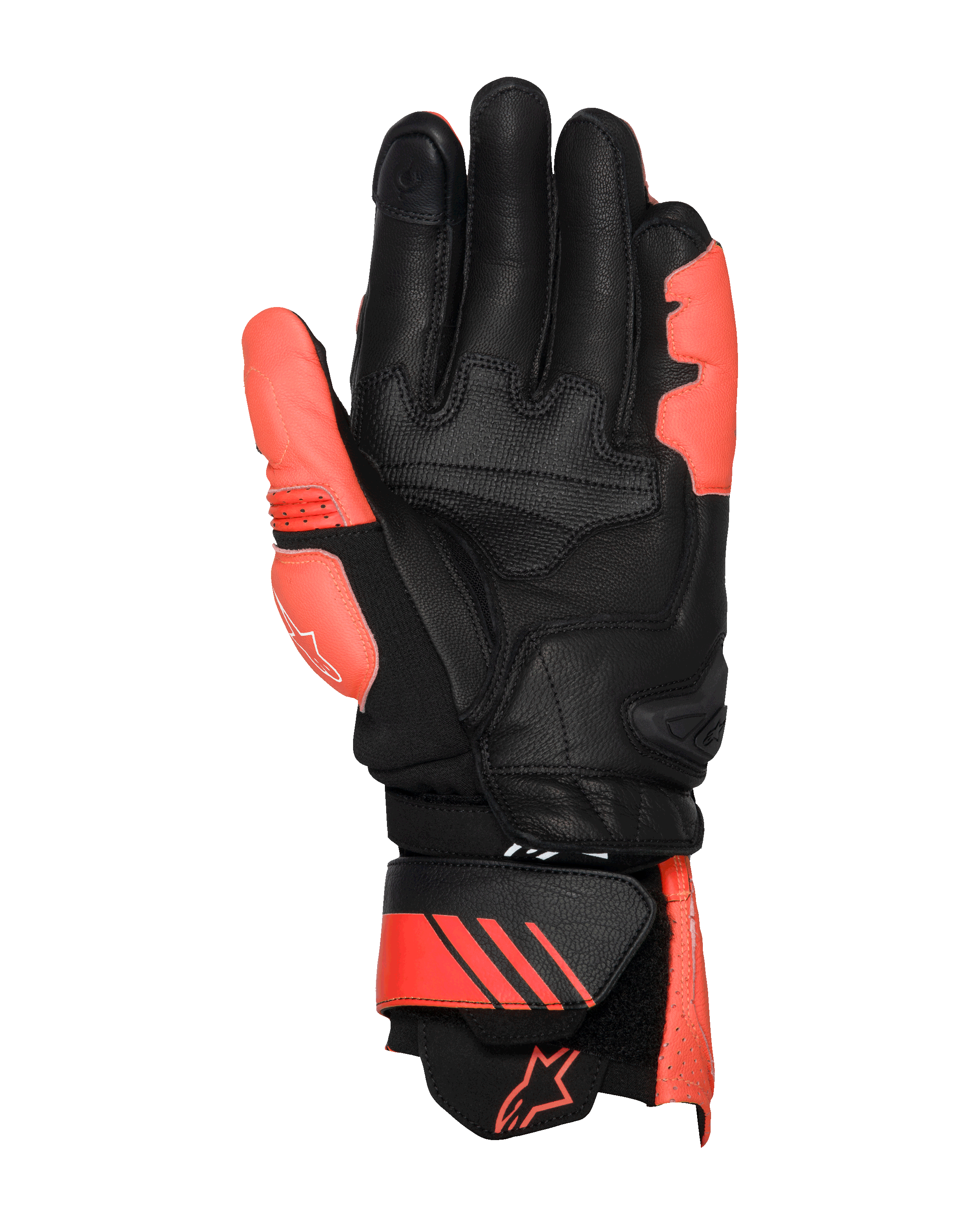 Alpinestars GP Plus R V3 Leather Gloves, Bright Red Red Fluo and Black, palm side view, featuring reinforced leather palm and thumb areas, adjustable gauntlet cuff with red accents and logo, professional racing design