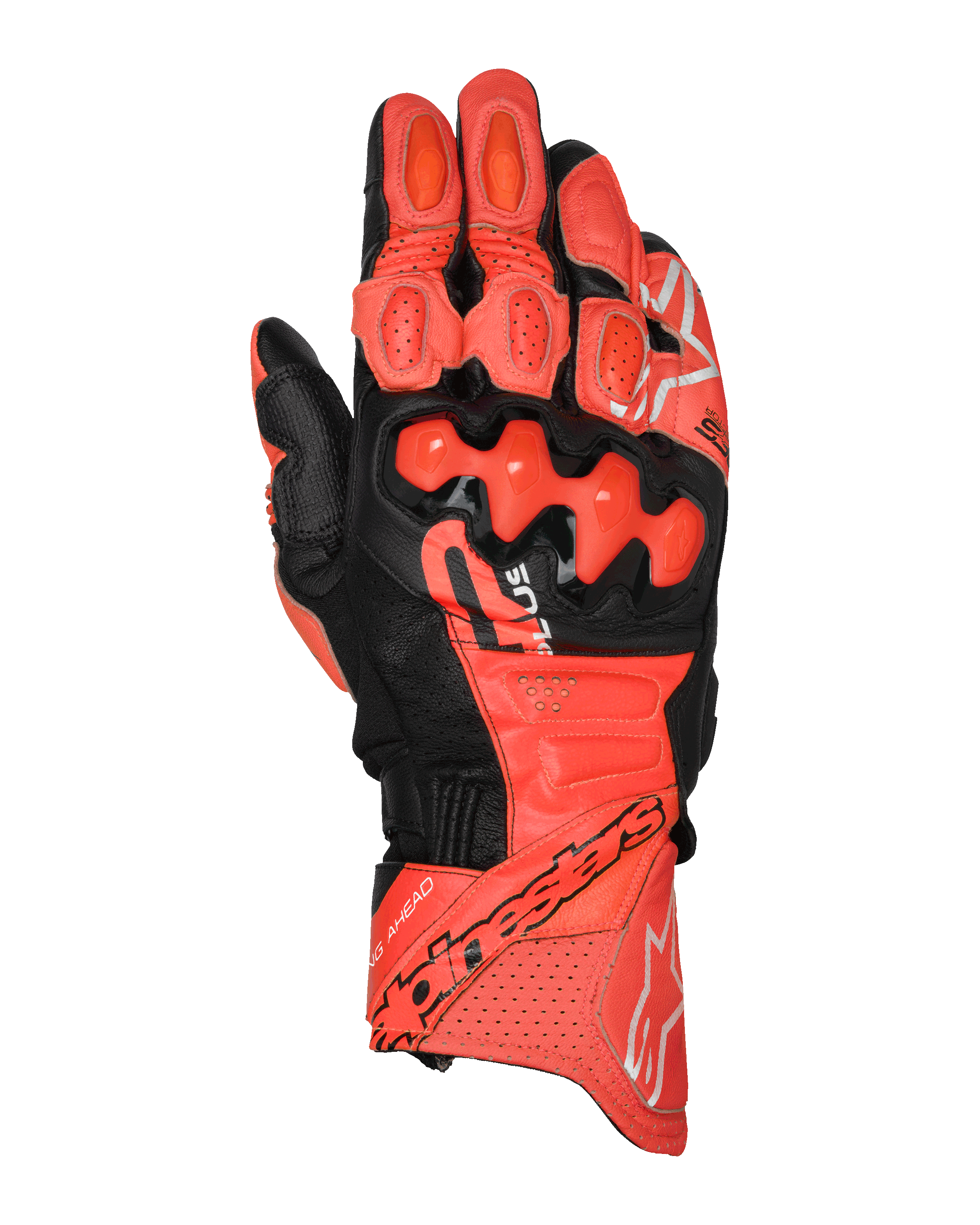 Alpinestars GP Plus R V3 Leather Gloves, Motorcycle Racing Gloves, Bright Red, Red Fluo and Black, top view showing premium leather construction with TPU dual-density knuckle protectors, perforated ventilation sections, finger sliders, and bold Alpinestars branding on the cuff.