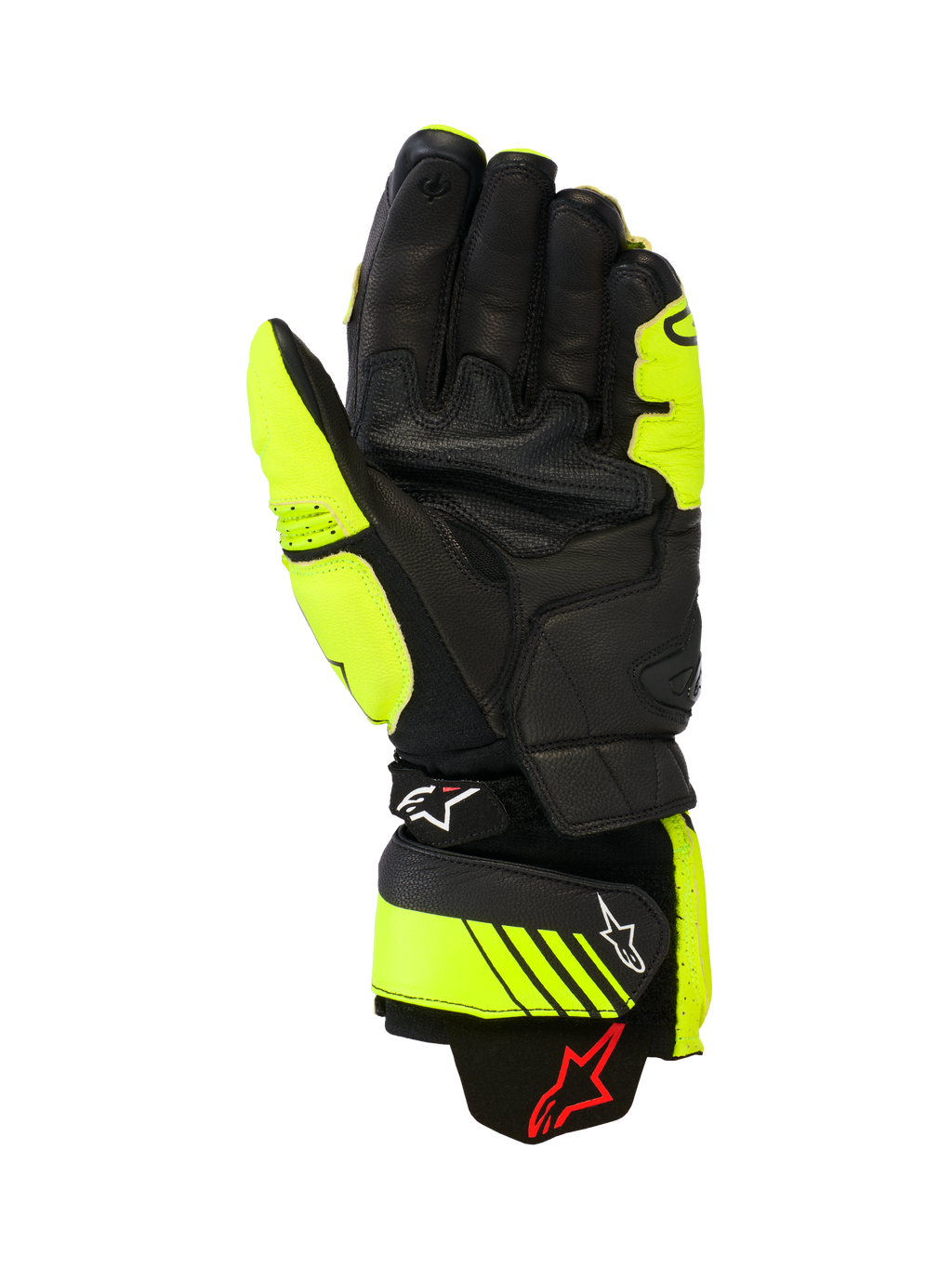 Guantes de cuero Alpinestars GP Plus R V3, guantes de moto para competición y deporte, amarillo flúor y negro, vista de la palma que muestra la construcción de cuero, zonas de agarre reforzadas y correas de ajuste en el puño con la marca Alpinestars, equipamiento de alto rendimiento para pista