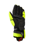 Guantes de cuero Alpinestars GP Plus R V3, guantes de moto para competición y deporte, amarillo flúor y negro, vista de la palma que muestra la construcción de cuero, zonas de agarre reforzadas y correas de ajuste en el puño con la marca Alpinestars, equipamiento de alto rendimiento para pista