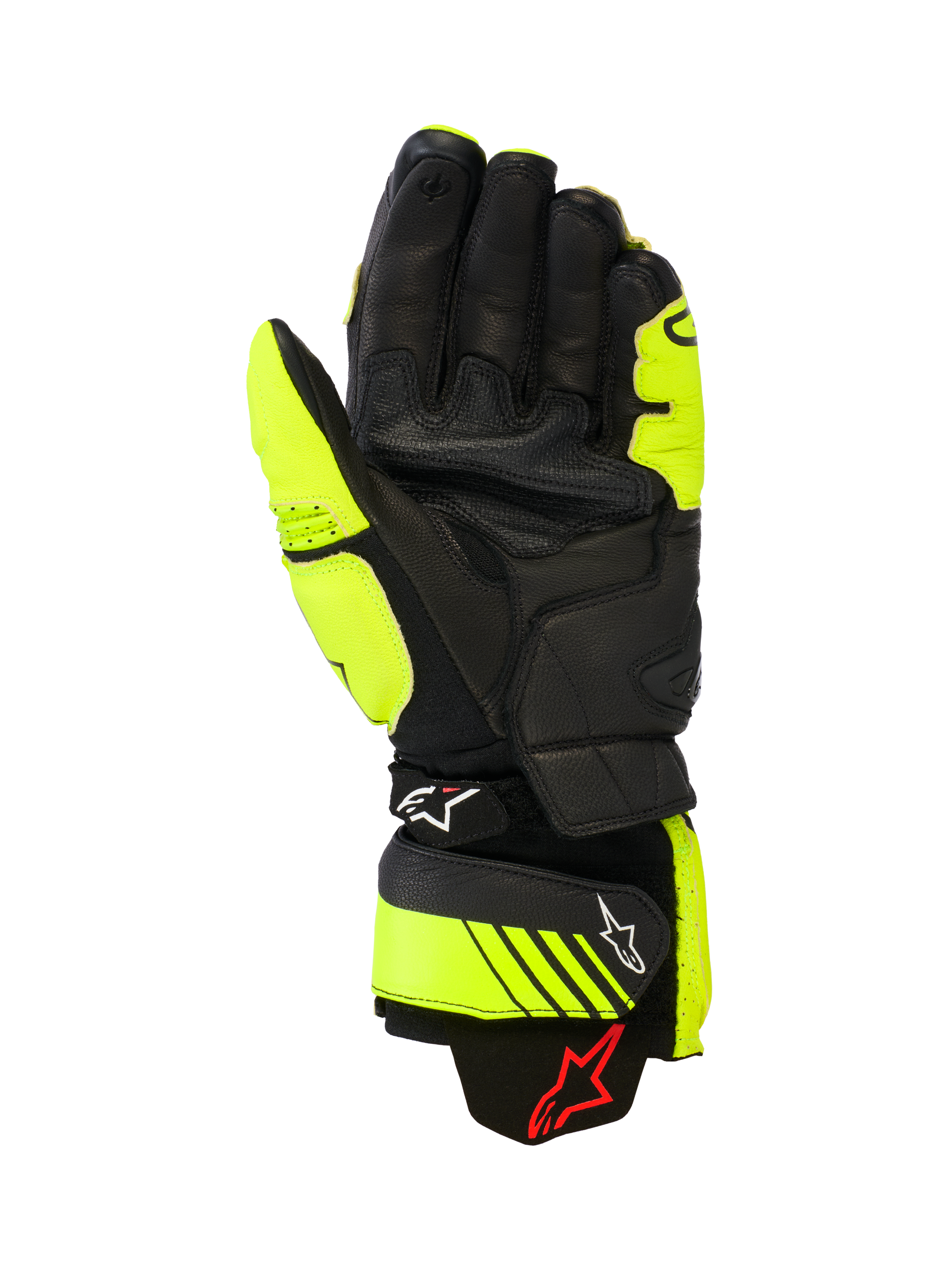 Guantes de cuero Alpinestars GP Plus R V3, guantes de moto para competición y deporte, amarillo flúor y negro, vista de la palma que muestra la construcción de cuero, zonas de agarre reforzadas y correas de ajuste en el puño con la marca Alpinestars, equipamiento de alto rendimiento para pista