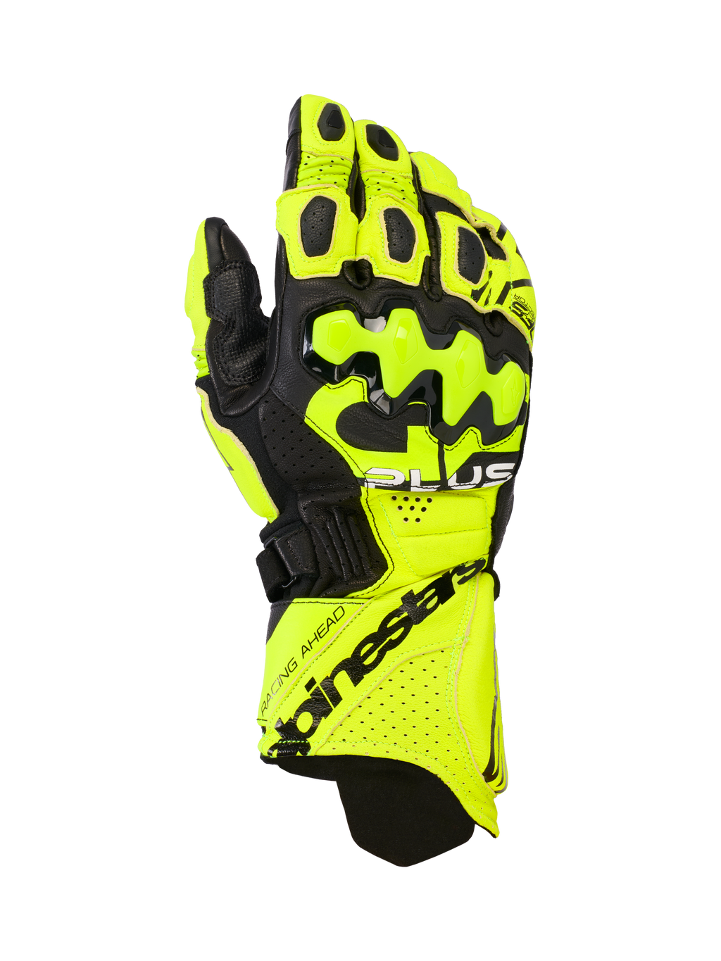 Alpinestars GP Plus R V3, guantes de cuero para carreras de moto, amarillo flúor y negro, con protectores de nudillos rígidos, zonas de ventilación perforadas y cierre de puño seguro con logotipos de la marca destacados