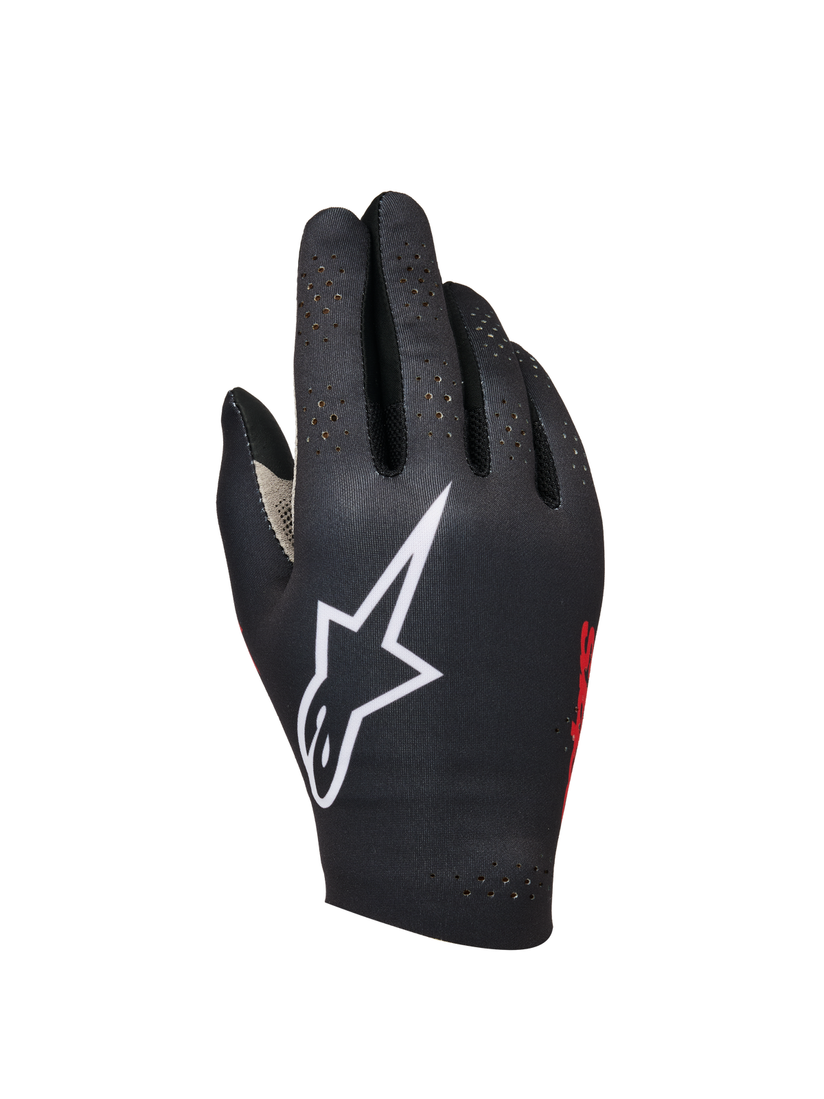 Alpinestars Sim Gloves Graphic 1, guantes para simracing, negros con un gran logotipo de estrella blanca, marca lateral en rojo, diseño perforado para ventilación y tejido elástico ligero