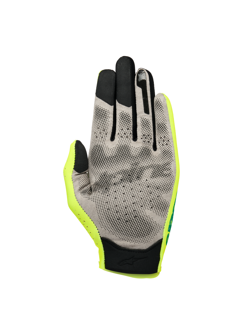 Alpinestars Sim Gloves Graphic 1, guantes para carreras SIM, en amarillo flúor, negro y turquesa, vista de la palma que muestra el material Nanofront® gris con patrón de agarre 3D negro, puntas de los dedos compatibles con pantallas táctiles y construcción textil ligera
