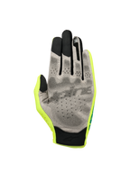 Alpinestars Sim Gloves Graphic 1, guantes para carreras SIM, en amarillo flúor, negro y turquesa, vista de la palma que muestra el material Nanofront® gris con patrón de agarre 3D negro, puntas de los dedos compatibles con pantallas táctiles y construcción textil ligera