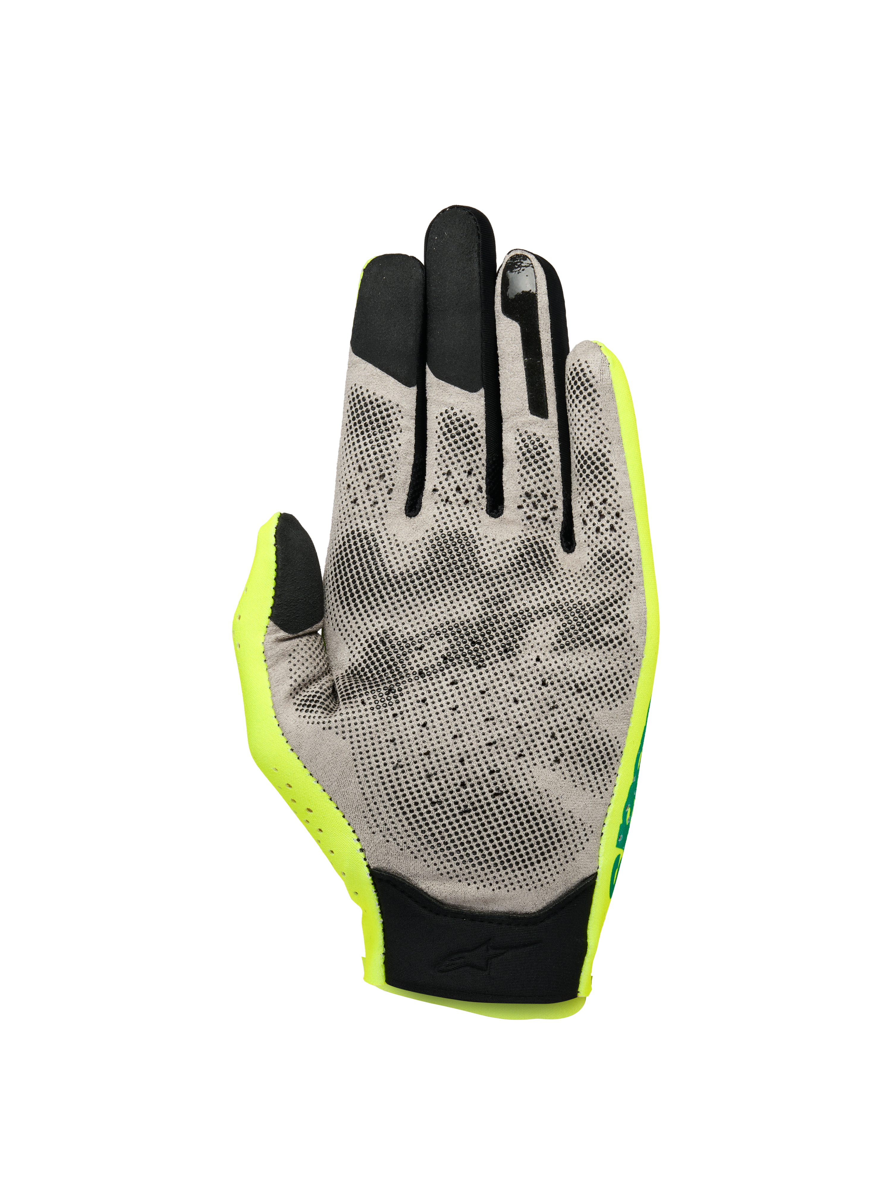 Alpinestars Sim Gloves Graphic 1, guantes para carreras SIM, en amarillo flúor, negro y turquesa, vista de la palma que muestra el material Nanofront® gris con patrón de agarre 3D negro, puntas de los dedos compatibles con pantallas táctiles y construcción textil ligera
