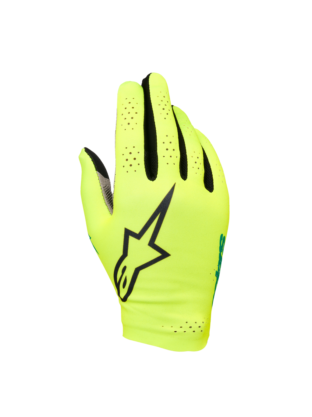 Alpinestars Sim Gloves Graphic 1, guantes para carreras SIM, amarillo de seguridad y negro con detalles en turquesa, con un gran logo de estrella negra, material elástico ligero y perforado para ventilación, diseño de puño corto para precisión en el juego