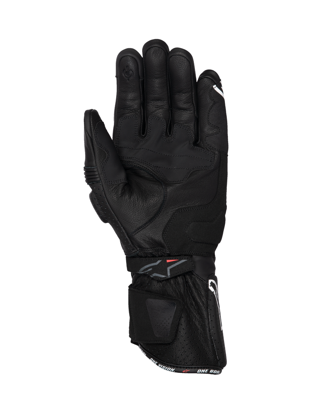 Alpinestars SP-3, guantes de moto racing, cuero negro, vista de la palma con puño largo y refuerzos de agarre