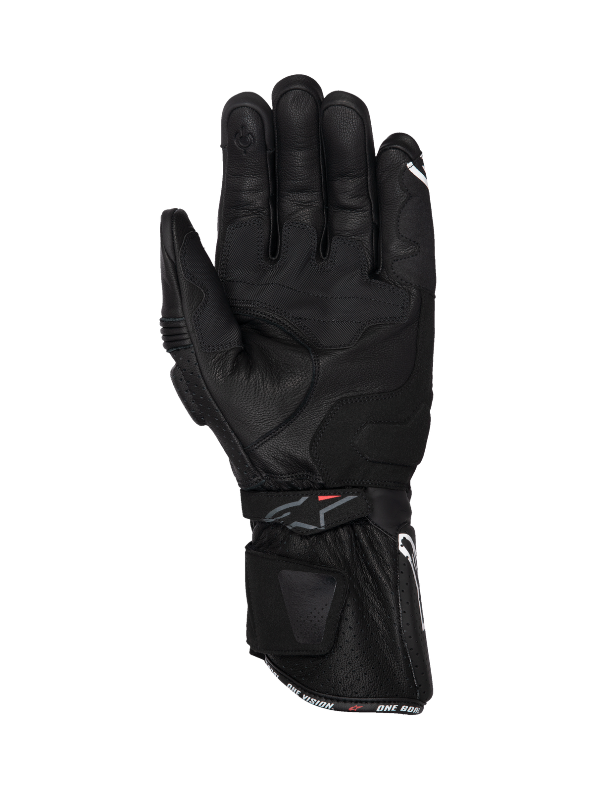 Alpinestars SP-3, guantes de moto racing, cuero negro, vista de la palma con puño largo y refuerzos de agarre