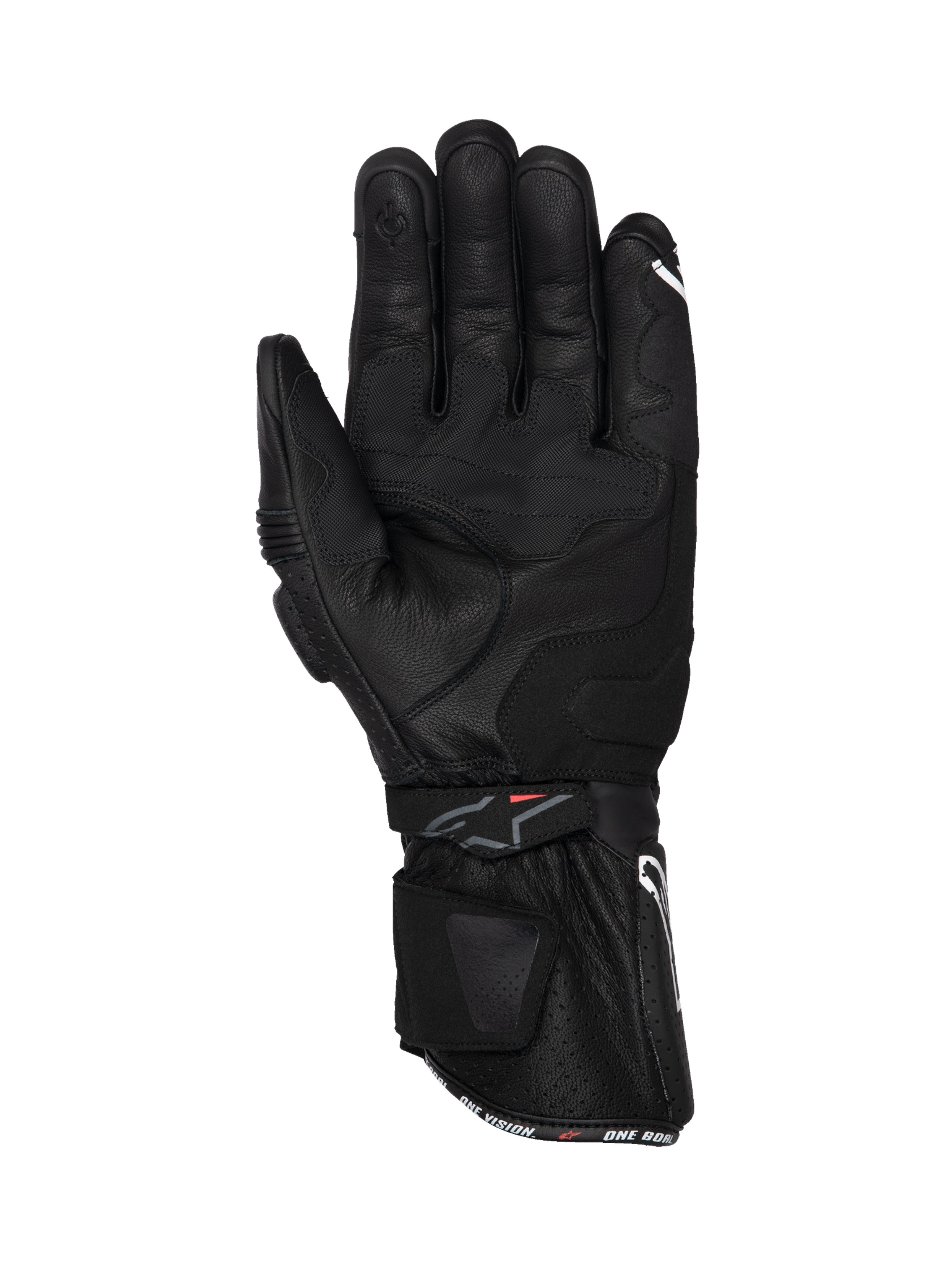 Alpinestars SP-3, guantes de moto racing, cuero negro, vista de la palma con puño largo y refuerzos de agarre
