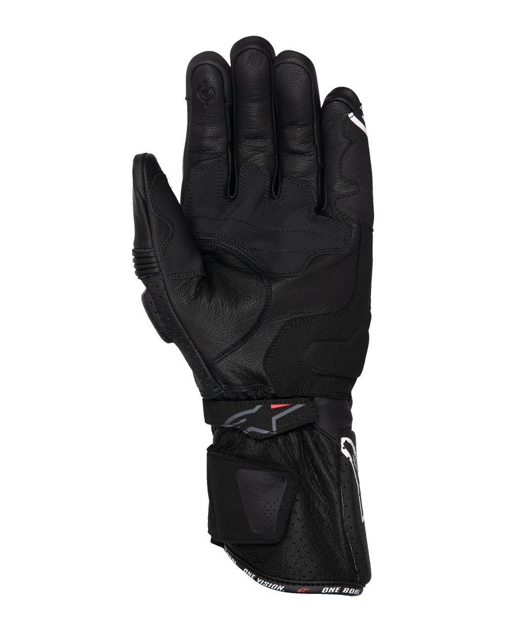 Guantes Alpinestars SP-3, guantes de moto negros, vista de la palma con construcción íntegramente en cuero, puño largo con sistema de doble cierre, refuerzos de agarre en la palma y punta del dedo compatible con pantallas táctiles, equipamiento de carretera inspirado en las carreras