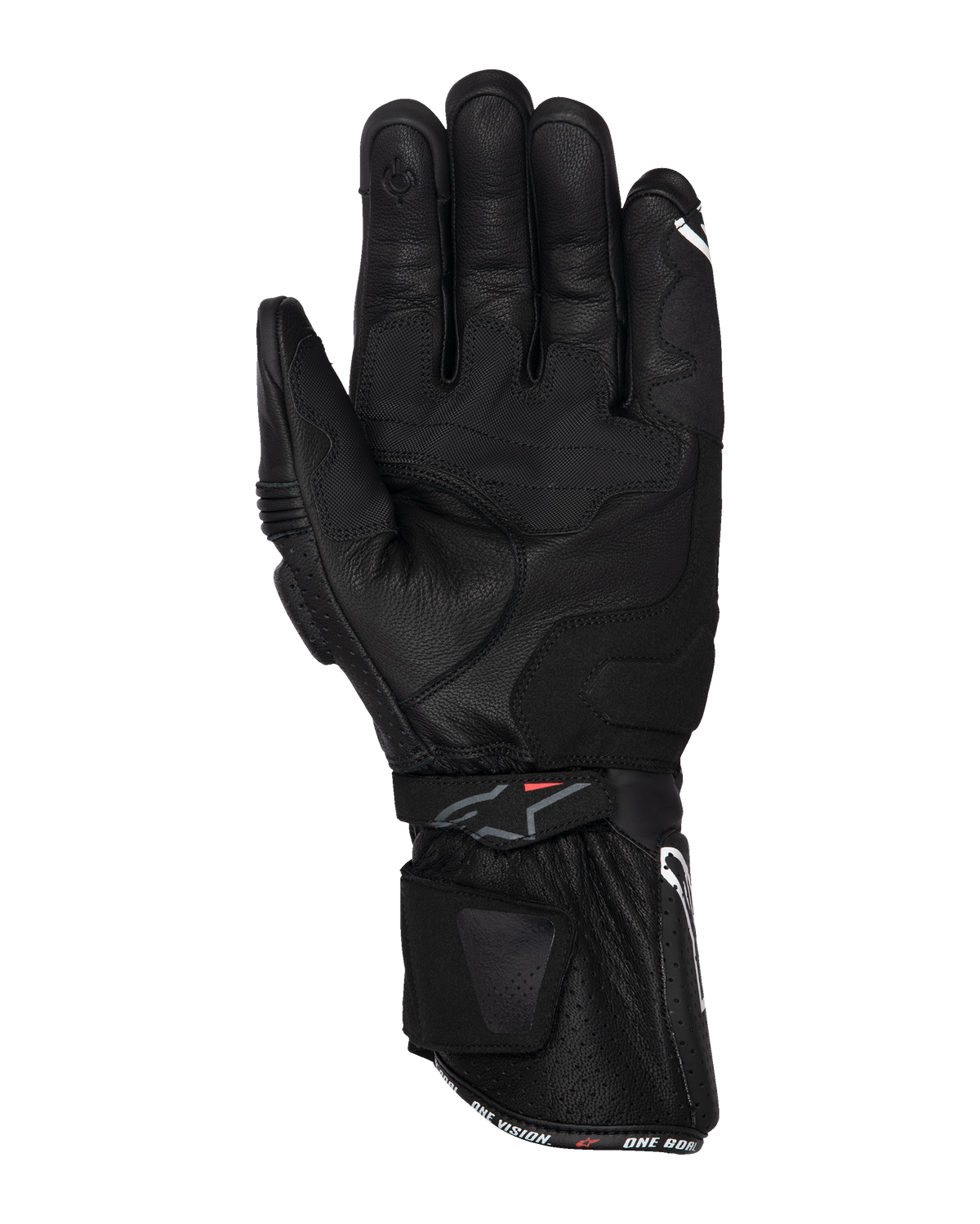 Guantes Alpinestars SP-3, guantes de moto negros, vista de la palma con construcción íntegramente en cuero, puño largo con sistema de doble cierre, refuerzos de agarre en la palma y punta del dedo compatible con pantallas táctiles, equipamiento de carretera inspirado en las carreras