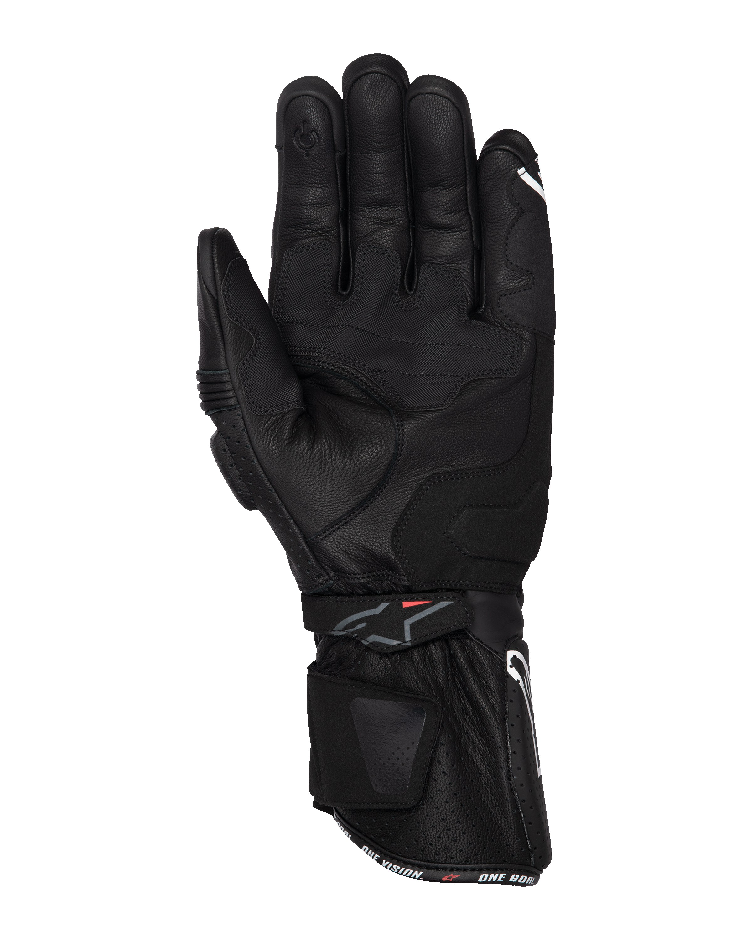 Guantes Alpinestars SP-3, guantes de moto negros, vista de la palma con construcción íntegramente en cuero, puño largo con sistema de doble cierre, refuerzos de agarre en la palma y punta del dedo compatible con pantallas táctiles, equipamiento de carretera inspirado en las carreras