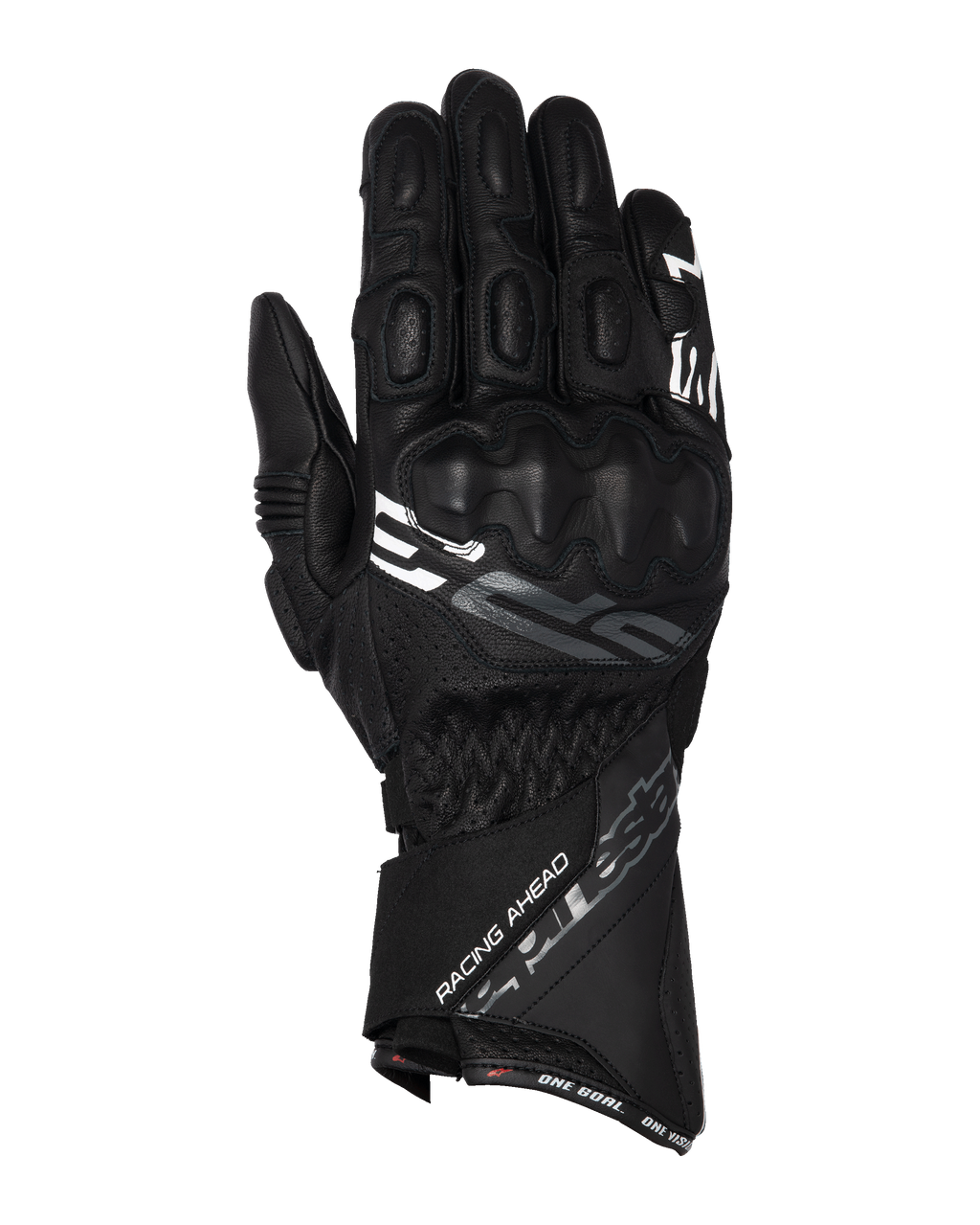 Guantes Alpinestars SP-3, guantes de competición para moto de puño largo, negros con detalles en blanco y gris, protección de nudillos recubierta de PU, confección de cuero texturizado con detalles perforados, correa de muñeca ajustable