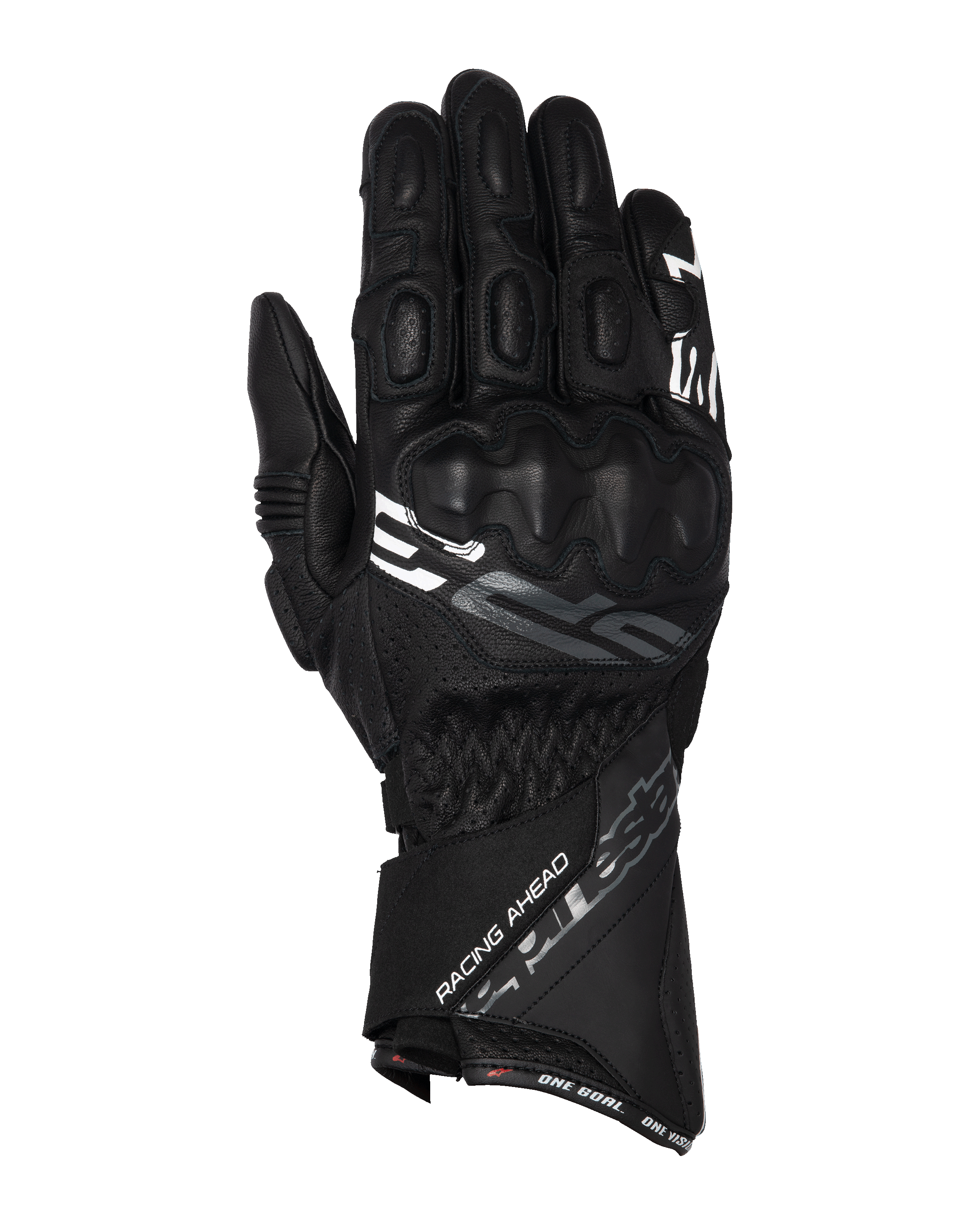Guantes Alpinestars SP-3, guantes de competición para moto de puño largo, negros con detalles en blanco y gris, protección de nudillos recubierta de PU, confección de cuero texturizado con detalles perforados, correa de muñeca ajustable