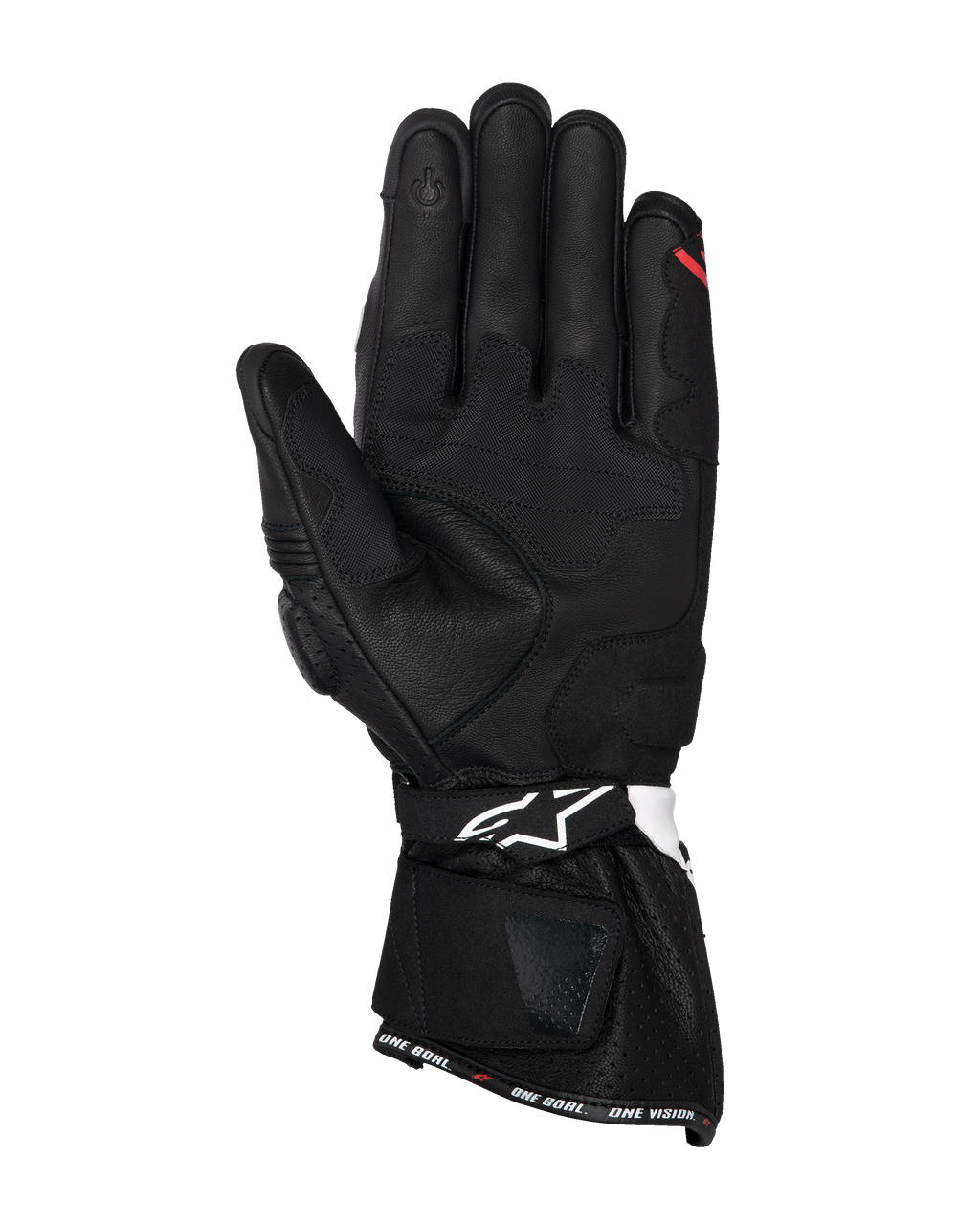 Guantes Alpinestars SP-3, guantes de moto de cuero negro, vista de la palma con paneles de agarre reforzados, dedo índice compatible con pantallas táctiles, puño largo con logo blanco en la correa de la muñeca y marca 'ONE GOAL. ONE VISION.' en el dobladillo.