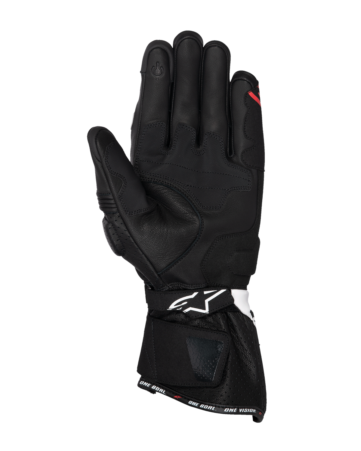 Guantes Alpinestars SP-3, guantes de moto de cuero negro, vista de la palma con paneles de agarre reforzados, dedo índice compatible con pantallas táctiles, puño largo con logo blanco en la correa de la muñeca y marca 'ONE GOAL. ONE VISION.' en el dobladillo.
