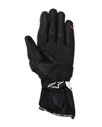 Guantes Alpinestars SP-3, guantes de moto de cuero negro, vista de la palma con paneles de agarre reforzados, dedo índice compatible con pantallas táctiles, puño largo con logo blanco en la correa de la muñeca y marca 'ONE GOAL. ONE VISION.' en el dobladillo.