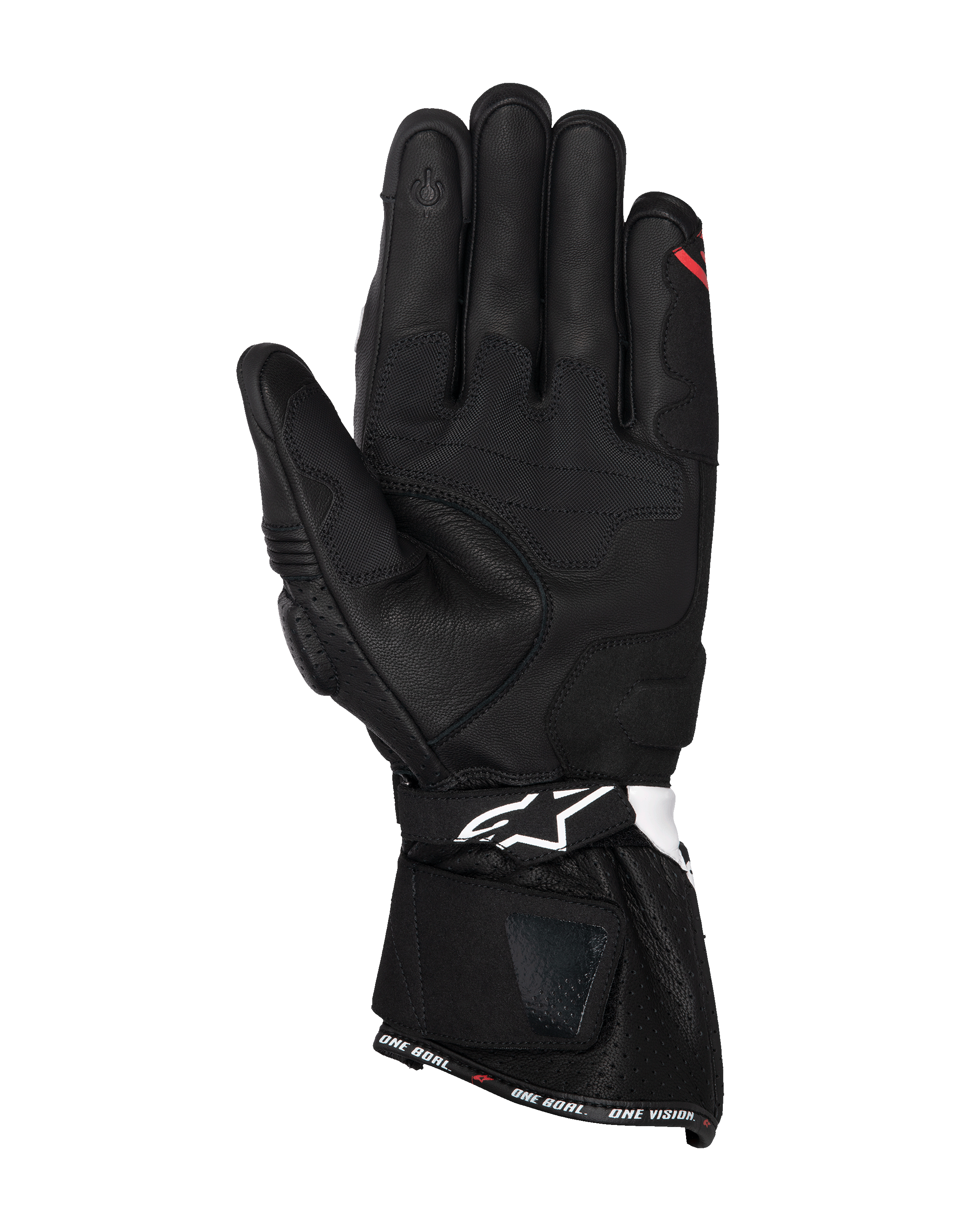 Guantes Alpinestars SP-3, guantes de moto de cuero negro, vista de la palma con paneles de agarre reforzados, dedo índice compatible con pantallas táctiles, puño largo con logo blanco en la correa de la muñeca y marca 'ONE GOAL. ONE VISION.' en el dobladillo.