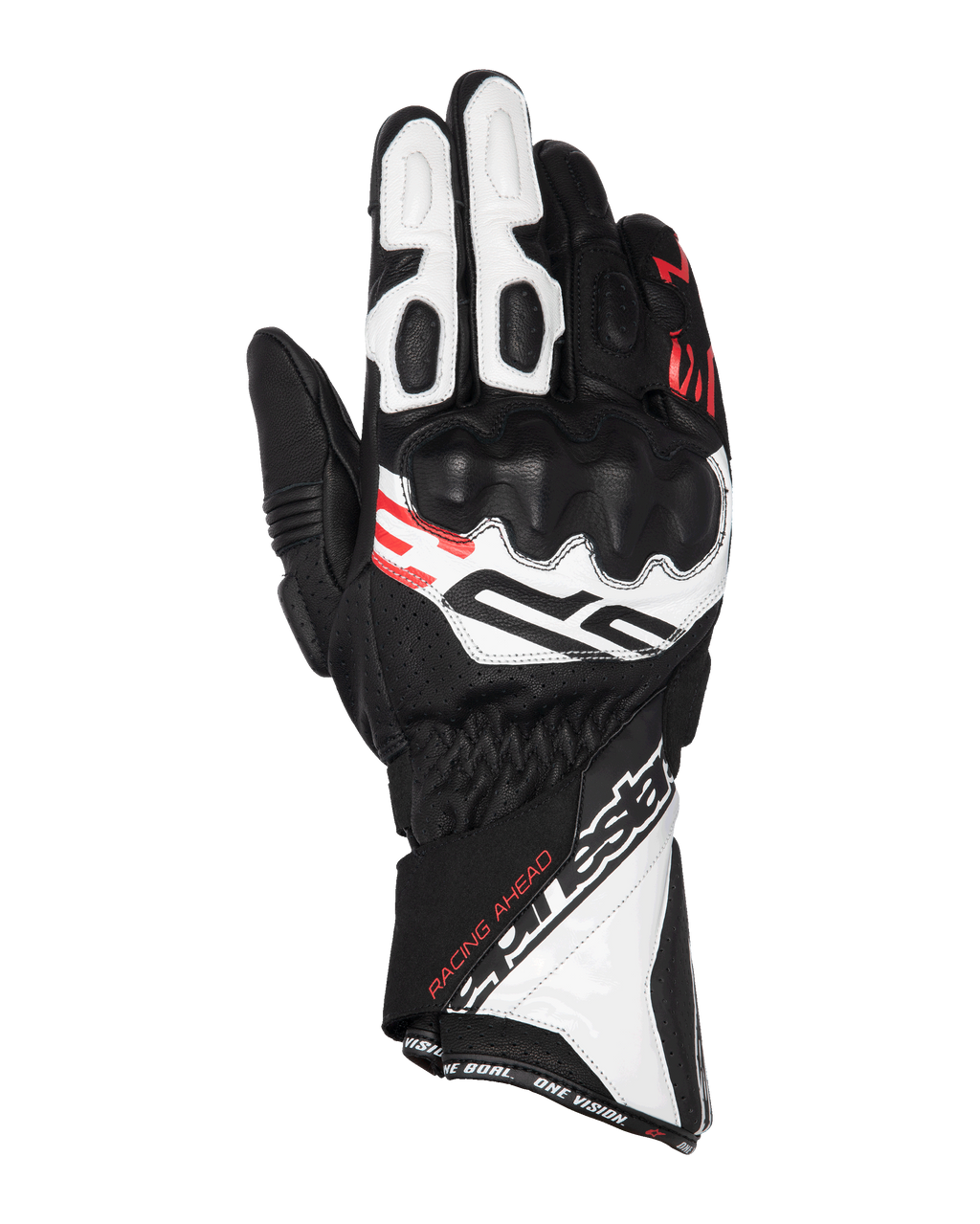 Guantes Alpinestars SP-3, guantes de moto para carreras, negro, blanco y rojo flúor, diseño de puño largo con protección de nudillos reforzada, confección en cuero perforado, con el texto 'Racing Ahead' y el logotipo de Alpinestars destacado