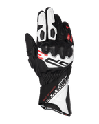 Guantes Alpinestars SP-3, guantes de moto para carreras, negro, blanco y rojo flúor, diseño de puño largo con protección de nudillos reforzada, confección en cuero perforado, con el texto 'Racing Ahead' y el logotipo de Alpinestars destacado