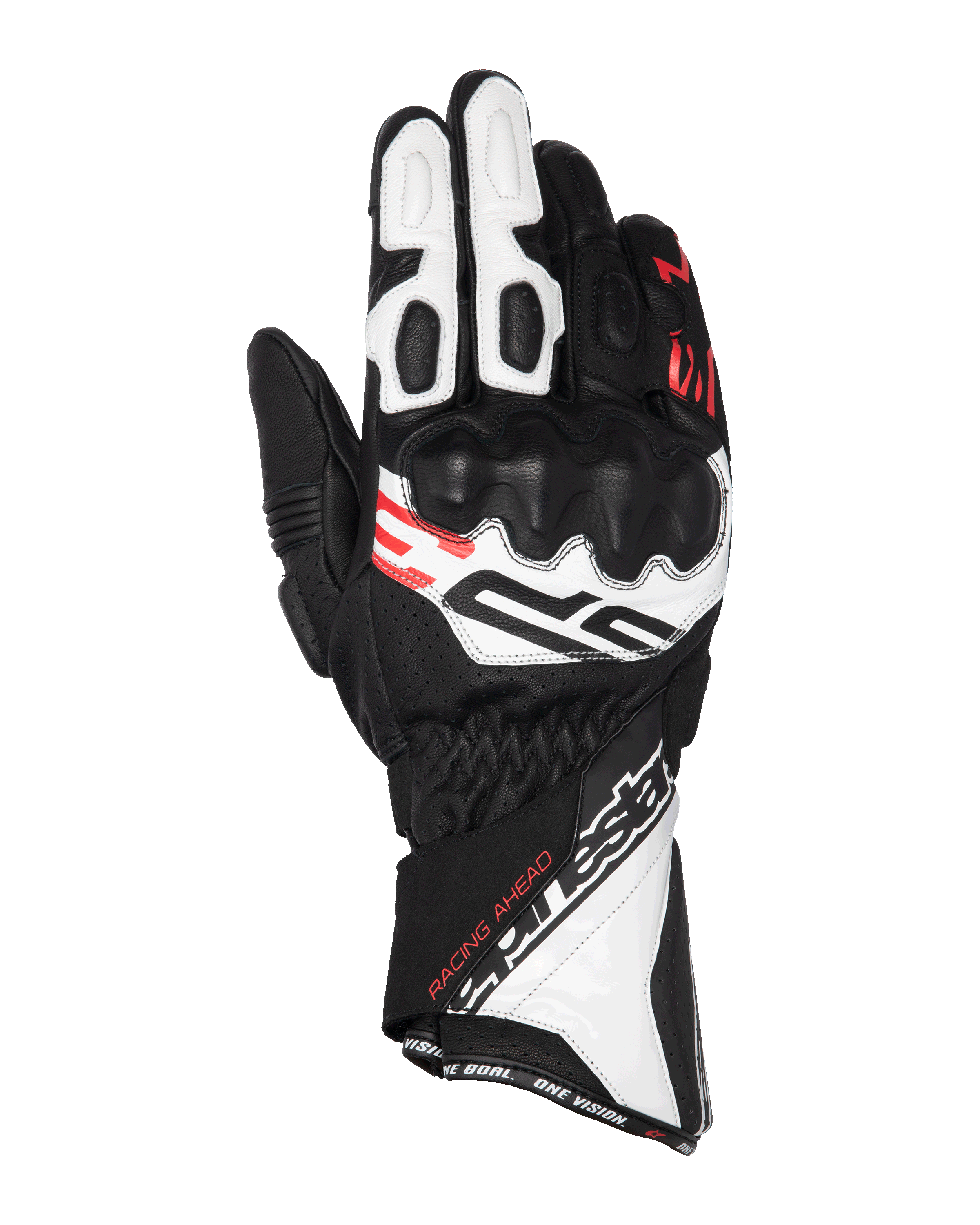 Guantes Alpinestars SP-3, guantes de moto para carreras, negro, blanco y rojo flúor, diseño de puño largo con protección de nudillos reforzada, confección en cuero perforado, con el texto 'Racing Ahead' y el logotipo de Alpinestars destacado