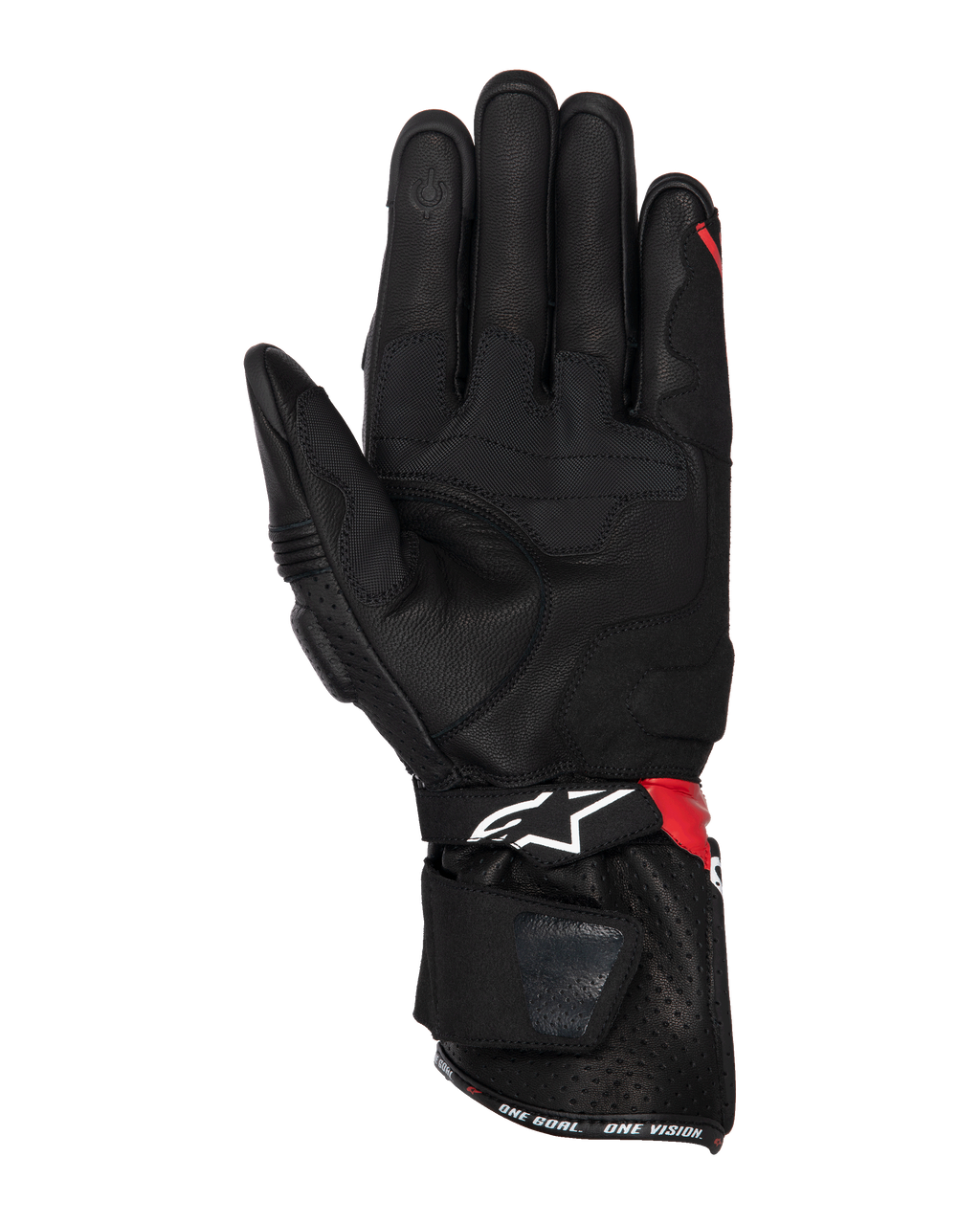 Guantes Alpinestars SP-3, guantes de moto, negro, rojo brillante y blanco, vista de la palma que muestra la construcción de cuero con refuerzos de agarre, punta del dedo compatible con pantalla táctil, puño largo con logo blanco y detalles rojos, diseño deportivo y de carreras