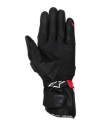 Guantes Alpinestars SP-3, guantes de moto, negro, rojo brillante y blanco, vista de la palma que muestra la construcción de cuero con refuerzos de agarre, punta del dedo compatible con pantalla táctil, puño largo con logo blanco y detalles rojos, diseño deportivo y de carreras