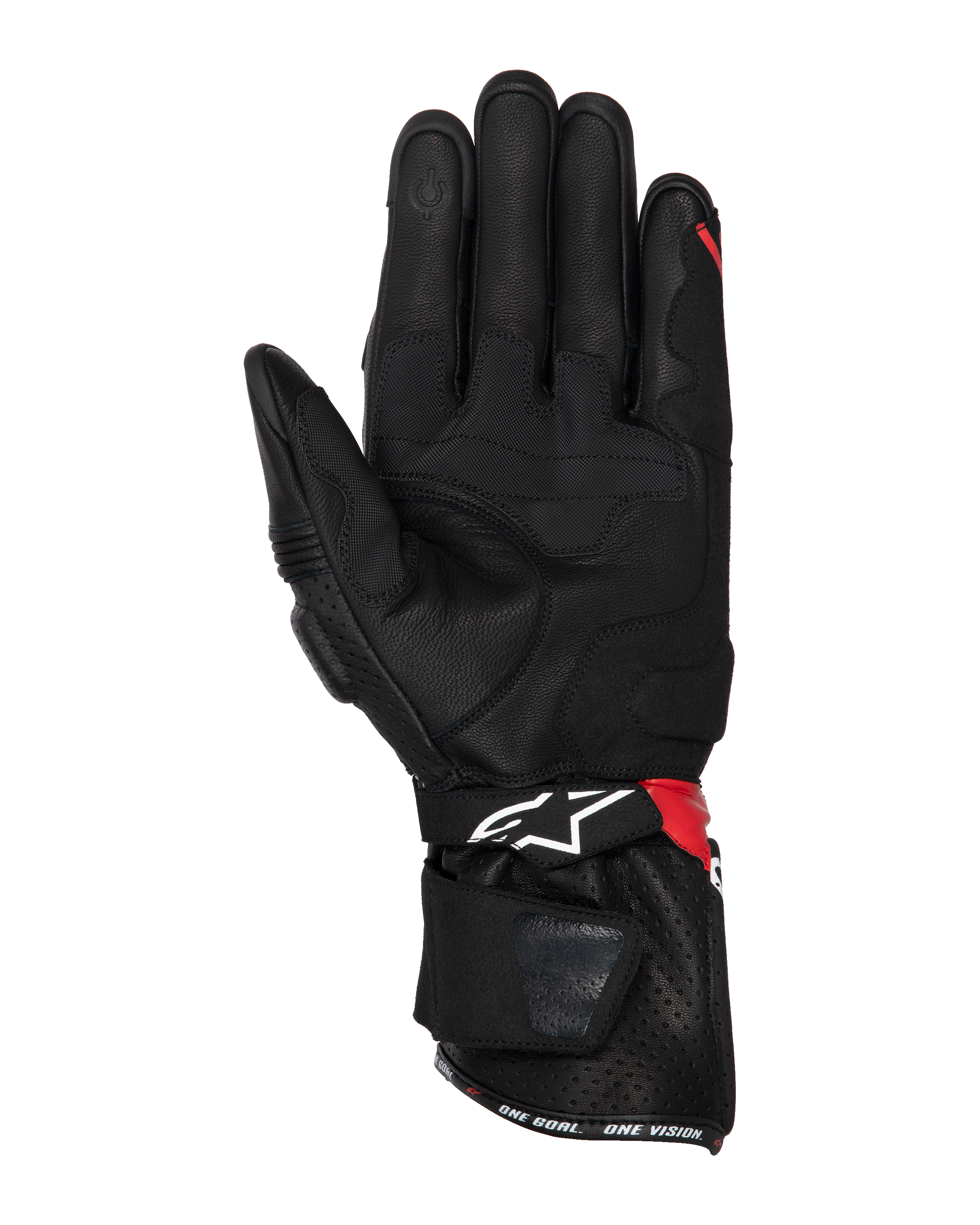 Guantes Alpinestars SP-3, guantes de moto, negro, rojo brillante y blanco, vista de la palma que muestra la construcción de cuero con refuerzos de agarre, punta del dedo compatible con pantalla táctil, puño largo con logo blanco y detalles rojos, diseño deportivo y de carreras